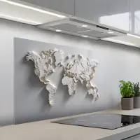 KitchenYeah Spatscherm 100x65 cm - Zelfklevende achterwand Wereldkaart - Subtiel reliëf - Wit - Keuken muurbeschermer - Spatwand fornuis