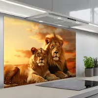 KitchenYeah Spatscherm 120x80 cm - Zelfklevende achterwand Leeuwen - Zonsondergang - Afrika - Savanne - Dieren - Keuken muurbeschermer - Spatwand fornuis