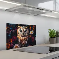 KitchenYeah Spatscherm 60x40 cm - Zelfklevende achterwand Uil - Bloemen - Kleurrijk - Natuur - Keuken muurbeschermer - Spatwand fornuis