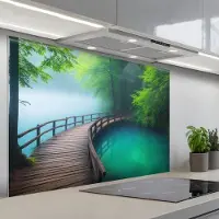 KitchenYeah Spatscherm 120x80 cm - Zelfklevende achterwand Brug - Water - Rivier - Bos - Keuken muurbeschermer - Spatwand fornuis