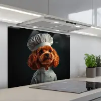KitchenYeah Spatscherm 90x70 cm - Zelfklevende achterwand Bruin - Kok - Hondje - Keuken muurbeschermer - Spatwand fornuis