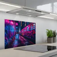KitchenYeah Spatscherm 70x55 cm - Zelfklevende achterwand Stad - Neon - Nacht - Roze - Graffiti - Keuken muurbeschermer - Spatwand fornuis