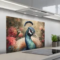KitchenYeah Spatscherm 100x65 cm - Zelfklevende achterwand Pauw - Vogel - Bloemen - Planten - Pauwenveren - Keuken muurbeschermer - Spatwand fornuis