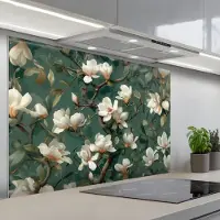 KitchenYeah Spatscherm 120x80 cm - Zelfklevende achterwand Bloemen - Takken - Wit - Klassiek - Keuken muurbeschermer - Spatwand fornuis