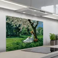 KitchenYeah Spatscherm 100x65 cm - Zelfklevende achterwand Vrouw - Boom - Boek - Mandje - Keuken muurbeschermer - Spatwand fornuis