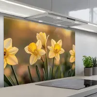 KitchenYeah Spatscherm 120x80 cm - Zelfklevende achterwand Bloemen - Geel - Wazig - Keuken muurbeschermer - Spatwand fornuis