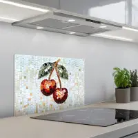 KitchenYeah Spatscherm 60x40 cm - Zelfklevende achterwand Kersen - Rood - Mozaïek - Blaadjes - Keuken muurbeschermer - Spatwand fornuis