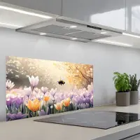 KitchenYeah Spatscherm 80x40 cm - Zelfklevende achterwand Viooltjes - bij - Zonlicht - Keuken muurbeschermer - Spatwand fornuis