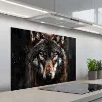 KitchenYeah Spatscherm 100x65 cm - Zelfklevende achterwand Dieren - Wolf - Portret - Zwart - Bruin - Keuken muurbeschermer - Spatwand fornuis