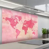 KitchenYeah Spatscherm 120x80 cm - Zelfklevende achterwand Wereldkaart - Roze - Vaag - Keuken muurbeschermer - Spatwand fornuis