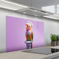 KitchenYeah Spatscherm 100x65 cm - Zelfklevende achterwand Papegaai - Koksmuts - Pilaar - Vogel - Keuken muurbeschermer - Spatwand fornuis