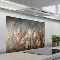 KitchenYeah Spatscherm 100x65 cm - Zelfklevende achterwand Gedroogde Veldbloemen - Grijs - Beton print - Keuken muurbeschermer - Spatwand fornuis