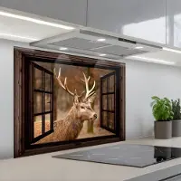 KitchenYeah Spatscherm 80x60 cm - Zelfklevende achterwand Hert - Dier - Bos - Herfst - Hertenkop - Bruin - Doorkijk - Keuken muurbeschermer - Spatwand fornuis