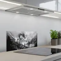 KitchenYeah Spatscherm 60x30 cm - Zelfklevende achterwand Krijger - Draak - Grijs - Keuken muurbeschermer - Spatwand fornuis