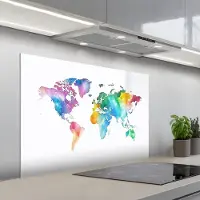 KitchenYeah Spatscherm 100x65 cm - Zelfklevende achterwand Regenboog - Wereldkaart - Aquarel - Keuken muurbeschermer - Spatwand fornuis