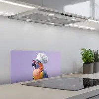 KitchenYeah Spatscherm 60x30 cm - Zelfklevende achterwand Papegaai - Koksmuts - Paars - Cute - Keuken muurbeschermer - Spatwand fornuis