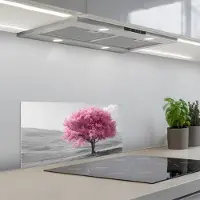 KitchenYeah Spatscherm 60x30 cm - Zelfklevende achterwand Boom - Natuur - Roze - Zwart wit - Keuken muurbeschermer - Spatwand fornuis