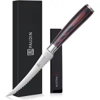 Paudin N15 - Tomatenmes - Groentemes - 12,5 cm Lemmet - Gekarteld Mes - Hoogwaardig Koolstofstaal - Damascus Patroon - Ergonomisch Handvat