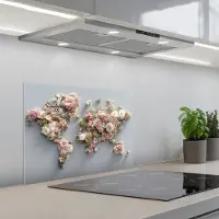 KitchenYeah Spatscherm 60x45 cm - Zelfklevende achterwand Wereldkaart - Rozen - Roze - Keuken muurbeschermer - Spatwand fornuis