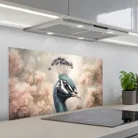 KitchenYeah Spatscherm 100x50 cm - Zelfklevende achterwand Pauw - Vogels - Bloemen - Boom - Botanisch - Keuken muurbeschermer - Spatwand fornuis