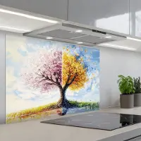 KitchenYeah Spatscherm 90x60 cm - Zelfklevende achterwand Boom - Kunst - Seizoenen - Lente - Herfst - Keuken muurbeschermer - Spatwand fornuis