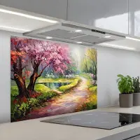 KitchenYeah Spatscherm 80x60 cm - Zelfklevende achterwand Watercolor - Natuur - Bomen - Kunst - Bloemen - Keuken muurbeschermer - Spatwand fornuis