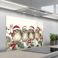 KitchenYeah Spatscherm 100x65 cm - Zelfklevende achterwand Uilen - Tak - Hulstblaadjes - Kerstmuts - Keuken muurbeschermer - Spatwand fornuis