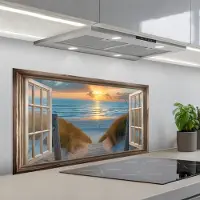 KitchenYeah Spatscherm 100x50 cm - Zelfklevende achterwand Doorkijk - Strand - Pad - Zonsondergang - Keuken muurbeschermer - Spatwand fornuis