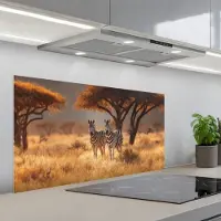 KitchenYeah Spatscherm 100x50 cm - Zelfklevende achterwand Zebra's - Savannelandschap - Gras - Keuken muurbeschermer - Spatwand fornuis