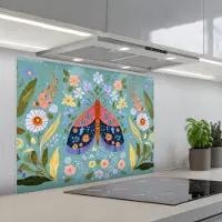 KitchenYeah Spatscherm 80x60 cm - Zelfklevende achterwand Vlinder - Sierlijk - Bloemen - Bladeren - Keuken muurbeschermer - Spatwand fornuis