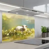 KitchenYeah Spatscherm 80x55 cm - Zelfklevende achterwand Schaap - Weide - Groen - Keuken muurbeschermer - Spatwand fornuis