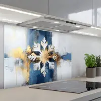 KitchenYeah Spatscherm 80x55 cm - Zelfklevende achterwand Abstract - Winter - Sneeuwvlok - Sneeuw - Goud - Keuken muurbeschermer - Spatwand fornuis