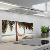 KitchenYeah Spatscherm 90x45 cm - Zelfklevende achterwand Hangmat - Palmbomen - Strand - Zee - Keuken muurbeschermer - Spatwand fornuis