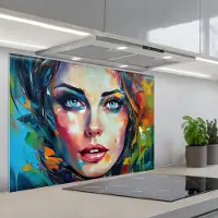 KitchenYeah Spatscherm 90x60 cm - Zelfklevende achterwand Gezicht - Vrouw - Olieverf - Kleurrijk - Kunst - Keuken muurbeschermer - Spatwand fornuis