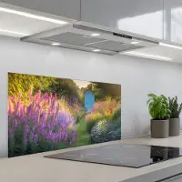 KitchenYeah Spatscherm 80x40 cm - Zelfklevende achterwand Tuinhuisje - Blauw - Bloemen - Keuken muurbeschermer - Spatwand fornuis