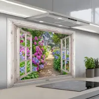 KitchenYeah Spatscherm 100x75 cm - Zelfklevende achterwand Hortensia - Doorkijk - Bloemen - Zomer - Paars - Pad - Keuken muurbeschermer - Spatwand fornuis