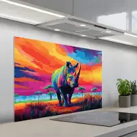 KitchenYeah Spatscherm 100x65 cm - Zelfklevende achterwand Neushoorn - Zonsondergang - Savanna - Kleurrijk - Keuken muurbeschermer - Spatwand fornuis