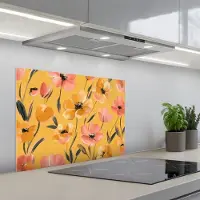KitchenYeah Spatscherm 70x55 cm - Zelfklevende achterwand Bloemen - Geschilderd - Geel - Keuken muurbeschermer - Spatwand fornuis