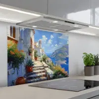 KitchenYeah Spatscherm 90x70 cm - Zelfklevende achterwand Trap - Huizen - Berglandschap - Zee - Keuken muurbeschermer - Spatwand fornuis