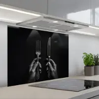 KitchenYeah Spatscherm 80x60 cm - Zelfklevende achterwand Bestek - Zwart - Wit - Keuken muurbeschermer - Spatwand fornuis