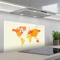 KitchenYeah Spatscherm 100x50 cm - Zelfklevende achterwand Wereldkaart - Oranje - Kleurrijk - Keuken muurbeschermer - Spatwand fornuis
