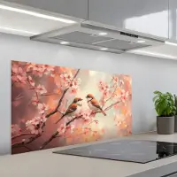 KitchenYeah Spatscherm 100x50 cm - Zelfklevende achterwand Vogels - Romantic - Bloesemtak - Keuken muurbeschermer - Spatwand fornuis