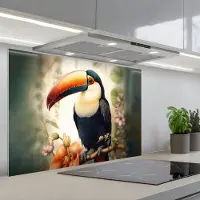 KitchenYeah Spatscherm 80x55 cm - Zelfklevende achterwand Toekan - Vogel - Bloemen - Planten - Keuken muurbeschermer - Spatwand fornuis