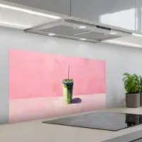 KitchenYeah Spatscherm 100x50 cm - Zelfklevende achterwand Beker - Rietje - Minimalistisch - Groen - Keuken muurbeschermer - Spatwand fornuis