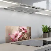 KitchenYeah Spatscherm 60x30 cm - Zelfklevende achterwand Bloemen - Roze - Kunst - Watercolor - Keuken muurbeschermer - Spatwand fornuis
