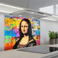KitchenYeah Spatscherm 80x60 cm - Zelfklevende achterwand Graffiti - Neon - Mona Lisa - Kunst - Da Vinci - Keuken muurbeschermer - Spatwand fornuis