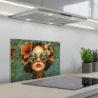 KitchenYeah Spatscherm 60x40 cm - Zelfklevende achterwand Vrouw - Bloemen - Vlinders - Natuur - Vintage - Keuken muurbeschermer - Spatwand fornuis