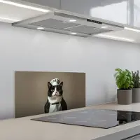 KitchenYeah Spatscherm 60x30 cm - Zelfklevende achterwand Kat - Kokskleding - Zwart - Wit - Keuken muurbeschermer - Spatwand fornuis