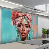 KitchenYeah Spatscherm 120x80 cm - Zelfklevende achterwand Vrouw - Portret - Blauw - Roze - Modern - Keuken muurbeschermer - Spatwand fornuis