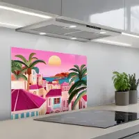KitchenYeah Spatscherm 70x50 cm - Zelfklevende achterwand Stad - Roze - Palmbomen - Keuken muurbeschermer - Spatwand fornuis